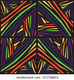 Bright color consists of different sized lines abstraction on a black background. Doodling style . Vector illustration