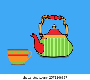 bright color cup and teapot with a pattern on a blue background,