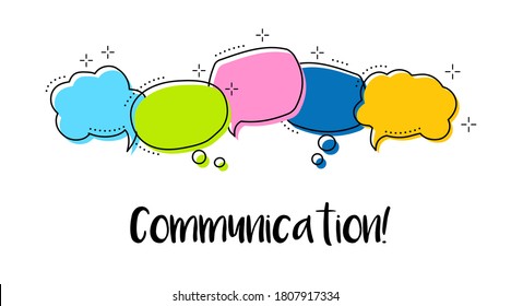 Bright Color dialog speech bubbles with icons and text Comunication. On white background. Safety communication technology concept. mobile technology. Hand drawn doodle. Vector illustration. 