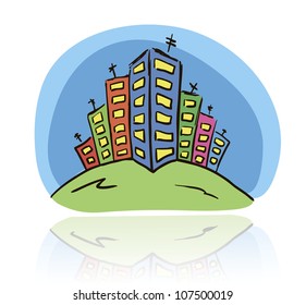 Bright color drawing vector city with several houses