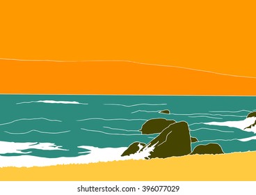 Bright color drawing vector sea shore with orange sky and turquoise waves