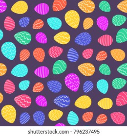 Bright color Easter seamless pattern with cartoon decorated eggs on dark purple background. Ornate doodle eggs texture for spring Easter package, gift wrapping paper, textile, covers, greeting cards