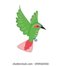 Bright color Exotic tropical bird. vector illustration, flying bird isolated on white background, exotic, tropical, wild life clip art. Hand drawn sketch tropical bird. Green and pink hummingbird