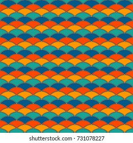 Bright color fish scale wallpaper. Asian traditional ornament with repeated scallops. Seamless surface pattern with semicircles. Grid motif. Digital paper. Vector illustration