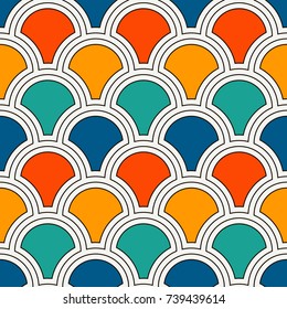 Bright color fish scale wallpaper. Asian traditional ornament with repeated scallops. Seamless surface pattern with semicircles. Grid motif. Digital paper. Vector illustration