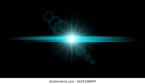 Bright color flare with radiant burst and lens rings on dark background. Light explosion with intense horizontal beams.