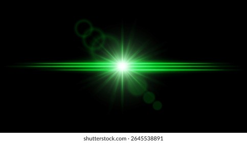 Bright color flare with radiant burst and lens rings on dark background. Light explosion with intense horizontal beams.