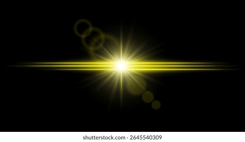 Bright color flare with radiant burst and lens rings on dark background. Light explosion with intense horizontal beams.