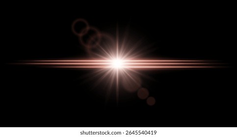 Bright color flare with radiant burst and lens rings on dark background. Light explosion with intense horizontal beams.
