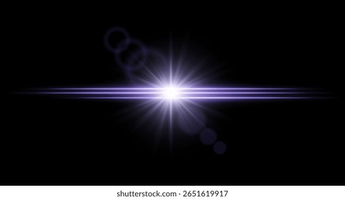 Bright color flare with radiant burst and lens rings on dark background. Light explosion with intense horizontal beams.