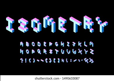 Bright color font from cubes in isometry. Vector pink blue letters and punctuation marks on a black background