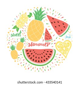 Bright color fresh fruits emblem: watermelon, lemon, pineapple. Summer fruits background with round symbol isolated on white. Print with fruit shapes in cartoon style.