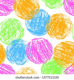 Bright Color Geometric Circle Forms Seamless Pattern. Hand Drawing Round Artistic Grunge Stroke Figure. Vector Multicolor Acid Crayon, Chalk Or Pencil Sphere Texture Abstract Background.