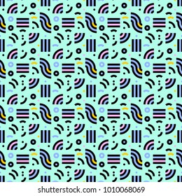 Bright color geometric pattern. Minimalistic colorful background. Seamless abstract multicolor repeatable backdrop. Vector texture. Memphis style.