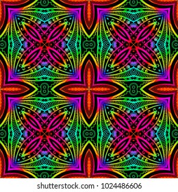 Bright color glowing lines, neon seamless pattern. Festive Christmas shiny background with blurred effect. Abstract fantasy colorful pattern for creative graphic design. Fractal art.
