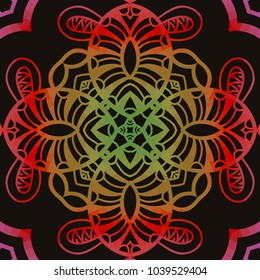 Bright color glowing lines, neon seamless pattern on black background. Festive Christmas shiny ornament with blurred effect. Abstract fantasy colorful pattern for creative graphic design. Fractal art 