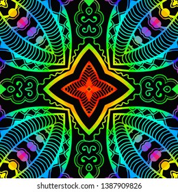 Bright color glowing lines, neon seamless pattern. Festive Christmas shiny background with blurred effect. Abstract fantasy colorful pattern for creative graphic design. Fractal mosaic art