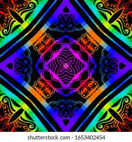 Bright color glowing lines, neon seamless pattern. Festive Christmas shiny background with blurred effect. Abstract fantasy colorful pattern for creative graphic design. Fractal mosaic art