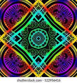 Bright color glowing lines, neon seamless pattern. Festive Christmas shiny background with blurred effect. Abstract fantasy colorful pattern for creative graphic design. Fractal art.