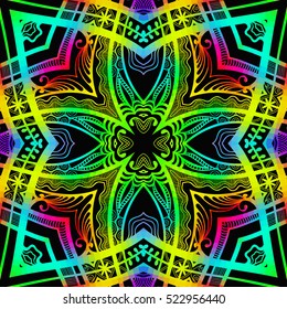 Bright color glowing lines, neon seamless pattern. Festive Christmas shiny background with blurred effect. Abstract fantasy colorful pattern for creative graphic design. Fractal art.