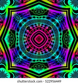 Bright color glowing lines, neon seamless pattern. Festive Christmas shiny background with blurred effect. Abstract fantasy colorful pattern for creative graphic design. Fractal art.
