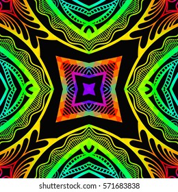 Bright color glowing lines, neon seamless pattern. Festive Christmas shiny background with blurred effect. Abstract fantasy colorful pattern for creative graphic design. Fractal mosaic art