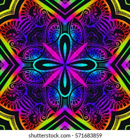 Bright color glowing lines, neon seamless pattern. Festive Christmas shiny background with blurred effect. Abstract fantasy colorful pattern for creative graphic design. Fractal mosaic art