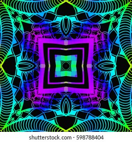 Bright color glowing lines, neon seamless pattern. Festive Christmas shiny background with blurred effect. Abstract fantasy colorful pattern for creative graphic design. Fractal mosaic art