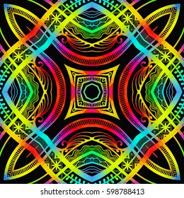 Bright color glowing lines, neon seamless pattern. Festive Christmas shiny background with blurred effect. Abstract fantasy colorful pattern for creative graphic design. Fractal mosaic art