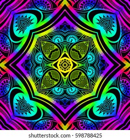 Bright color glowing lines, neon seamless pattern. Festive Christmas shiny background with blurred effect. Abstract fantasy colorful pattern for creative graphic design. Fractal mosaic art