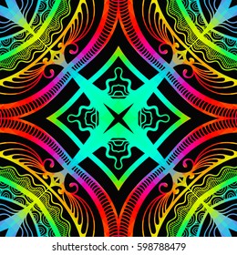 Bright color glowing lines, neon seamless pattern. Festive Christmas shiny background with blurred effect. Abstract fantasy colorful pattern for creative graphic design. Fractal mosaic art