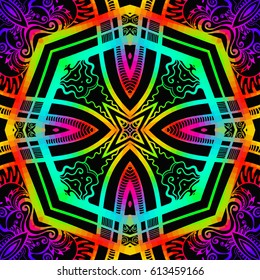 Bright color glowing lines, neon seamless pattern. Festive Christmas shiny background with blurred effect. Abstract fantasy colorful pattern for creative graphic design. Fractal mosaic art