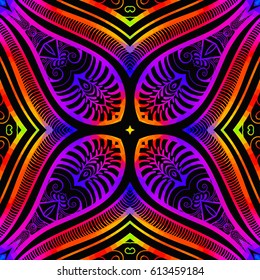 Bright color glowing lines, neon seamless pattern. Festive Christmas shiny background with blurred effect. Abstract fantasy colorful pattern for creative graphic design. Fractal mosaic art