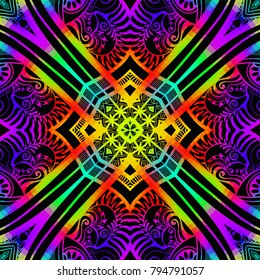 Bright color glowing lines, neon seamless pattern. Festive Christmas shiny background with blurred effect. Abstract fantasy colorful pattern for creative graphic design. Fractal mosaic art
