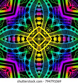 Bright color glowing lines, neon seamless pattern. Festive Christmas shiny background with blurred effect. Abstract fantasy colorful pattern for creative graphic design. Fractal mosaic art
