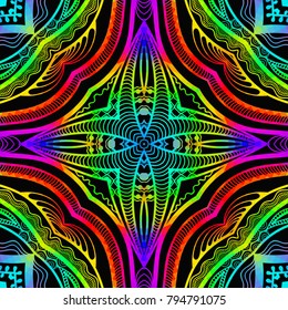 Bright color glowing lines, neon seamless pattern. Festive Christmas shiny background with blurred effect. Abstract fantasy colorful pattern for creative graphic design. Fractal mosaic art
