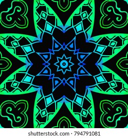 Bright color glowing lines, neon seamless pattern. Festive Christmas shiny background with blurred effect. Abstract fantasy colorful pattern for creative graphic design. Fractal mosaic art
