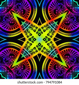 Bright color glowing lines, neon seamless pattern. Festive Christmas shiny background with blurred effect. Abstract fantasy colorful pattern for creative graphic design. Fractal mosaic art
