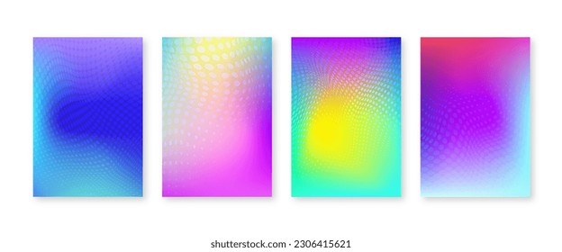 Helle Farbverlauf-Cover-Set mit geometrischem Halbtonmuster. Abstrakter, abstrakter, trendiger Hintergrund. Farbige Maschenkunst