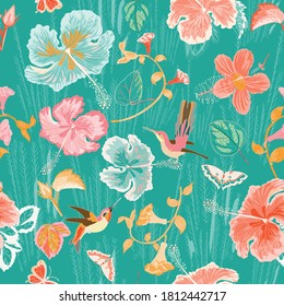 Bright color hummingbird, butterflies, and Hibiscus floral design. Very delightful color scheme for your projects. Seamless repeat pattern for wallpapers fabrics and more.