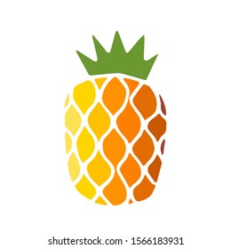 Bright color icon of pineapple fruit with leaf isolated on white background. Sweet tropical fruit. Simple minimal flat style. Logo design. Symbol exotic summer, vitamin, healthy. Vector illustration