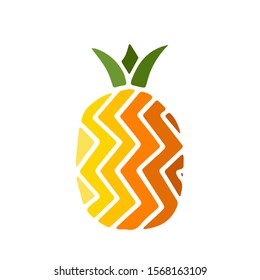 Bright color icon of pineapple fruit with leaf isolated on white background. Sweet tropical fruit. Simple minimal flat style. Logo design. Symbol exotic summer, vitamin, healthy. Vector illustration