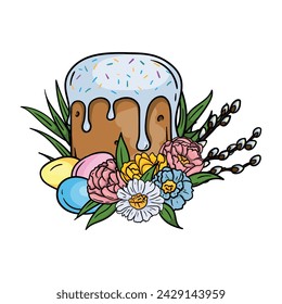 Helle Farbdarstellung von Osterkuchen, Weichei und Eiern im Gras und Blumen. Vektorbild für Postkarte