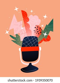 Bright color illustration with microphone and abstract shapes