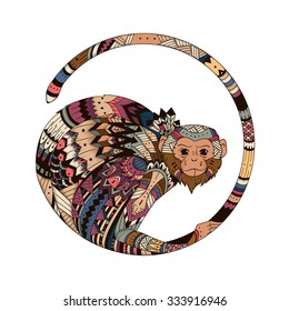 Bright Color Illustration Of A Monkey In 2016. Sketch Of Tattoo, Tribal Tatem, Amulet, A Symbol Of A Monkey.