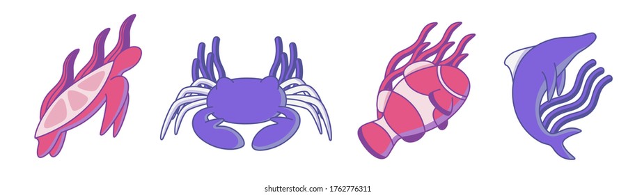 Bright color illustration. Sea creatures - turtle, crab, clownfish, dolphin. Cute pictures for children. Modern flat style illustration. Pink, purple, blue colors. Algae on the background. EPS-10.
