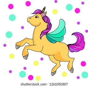 Bright color image of a unicorn with wings. Children's print for t-shirts and design. Fantastic world of toys. Vector image.