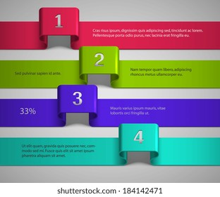 bright color infographic elements: red, yellow, turquoise and purple numbers tapes with realistic shadows on a gray background, realistic vector illustration