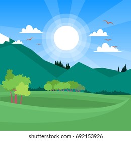 bright color landscape with mountains on background