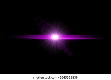 Bright color lens flare with central glow and horizontal light beams. Radiant flash with dreamy energy effect.